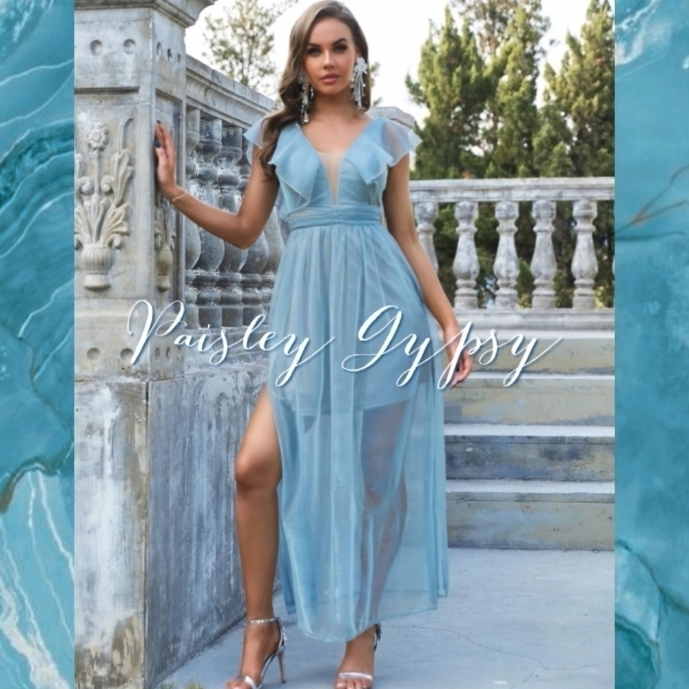 High Fashion Glamorous Sheer Deep V Ruffle Neckline Blue Evening Dress